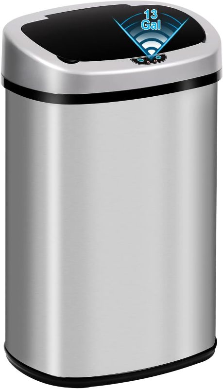 Photo 1 of 13 Gallon Automatic Trash Can with Lid, Touch Free Stainless Steel Kitchen Smart Can,  Silver
