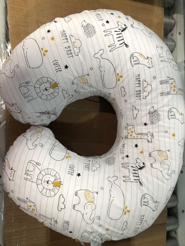 Photo 3 of Boppy Nursing Pillow and Positioner - Original, Notebook Black and White with Gold Animals, Breastfeeding, Bottle Feeding, Baby Support, with Removable Cotton Blend Cover, Awake-Time Support