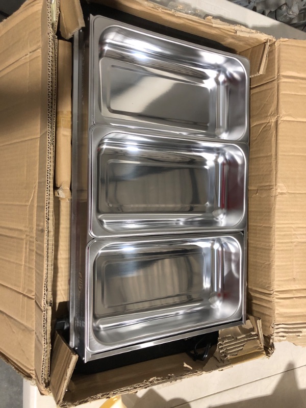 Photo 1 of ROVSUN 8 Quart Chafing Dish Buffet Set, Stainless Steel Catering Serve Chafer, Restaurant Food Warmer, Rectangular Buffet Stove with 3 1/3 Size Food Pans and Foldable Frame for Party (1 Pack) 1 1/3 Size Food Pan