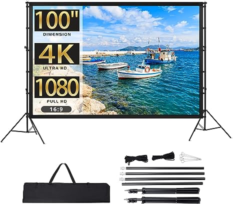 Photo 1 of Projector Screen and Stand,Towond 100 inch Indoor Outdoor Projection Screen, Portable 16:9 4K HD Rear Front Movie Screen Pull Down 