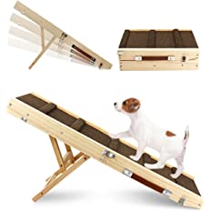 Photo 1 of  Adjustable Dog Ramp, Wooden Folding Portable Pet Ramp,Rated for 30 LBS, 32.6" Long and Adjustable from 10" to 19" with Non-Slip Traction Mat, Cat Ramps for Car, Bed, Couch (Brown)