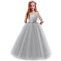 Photo 1 of Girls Flower Vintage Floral Lace 3/4 Sleeves Floor Length Dress Wedding Party Evening Formal Pegeant Dance Gown