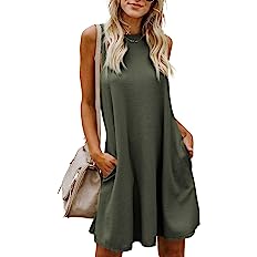 Photo 2 of Dokotoo Womens 2023 Summer Dress Sleeveless Crew Neck Mini Tank Dress Short Flowy Sundress with Pockets