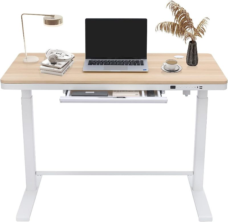 Photo 1 of Electric Standing Desk with Drawer, 45 x 24 Inch Adjustable Height Desk with Power Strip & USB Ports, One-Piece Top Stand Up Desk, Modern Sit Stand Desk