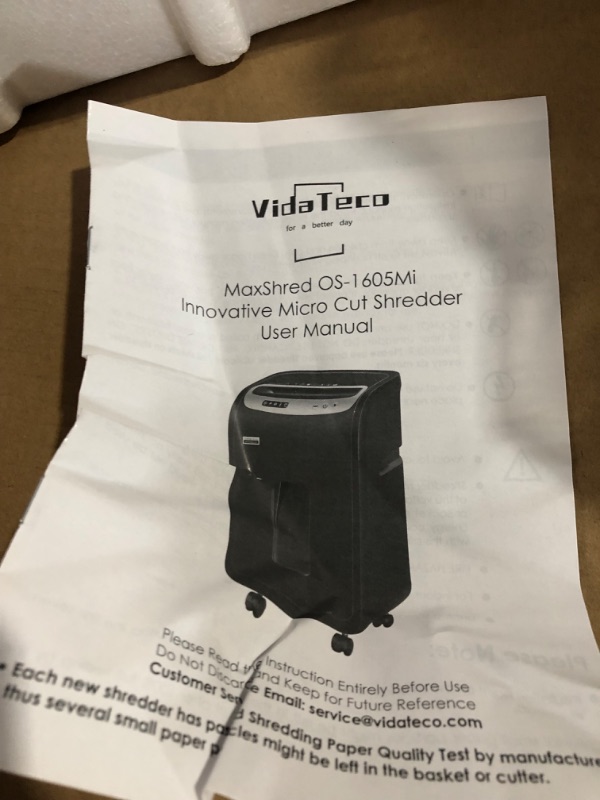 Photo 1 of FOR PARTS OR REPAIR***
Paper Shredder for Home Office Heavy Duty with 60 Mins Running,VidaTeco 18-Sheet Micro Cut Shredder 7.9-Gal 