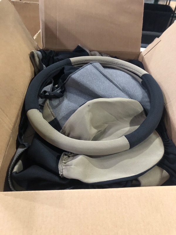 Photo 1 of BDK PolyPro Car Seat Covers Full Set in Beige on Black with Steering Wheel Cover & Seat Belt Pads – Front and Rear Split Bench Car Seat Cover, Easy to Install, Interior Covers for Auto Truck Van SUV