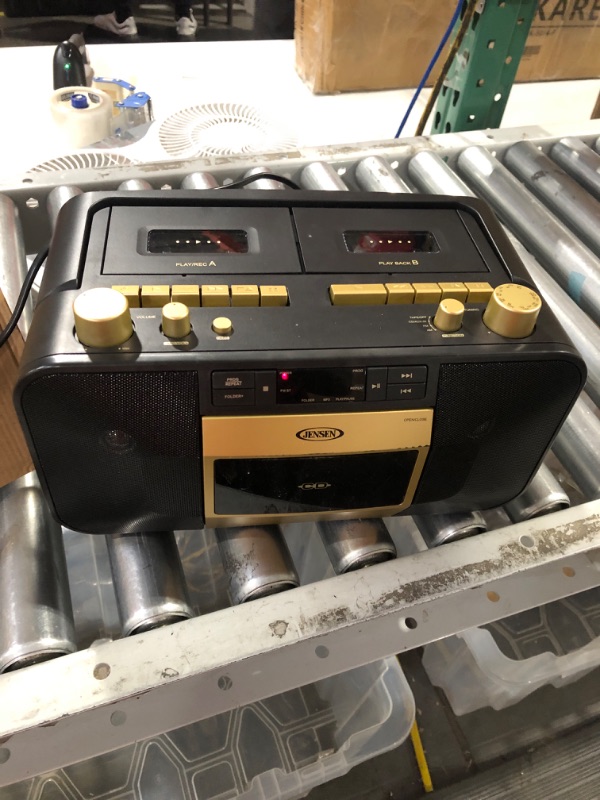 Photo 2 of Jensen MCR-1500 Gold Modern Retro Music System Portable CD/MP3 Cassette Player Stereo Boombox, LCD Display, Compact Dual Cassette Deck Recorder, AM/FM Radio, Bass Boost + Aux in & Headphone Jack