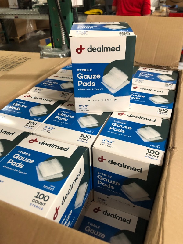 Photo 2 of Dealmed Sterile Gauze Pads – 100 Count (Case of 24), 3’’ x 3’’ Disposable and Individually Wrapped