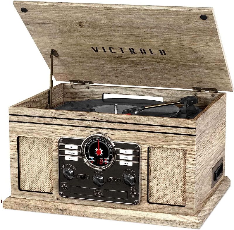 Photo 1 of Victrola Nostalgic 6-in-1 Bluetooth Record Player & Multimedia Center with Built-in Speakers - 3-Speed Turntable, CD & Cassette Player, AM/FM Radio | Wireless Music Streaming White (VA-30-WHT) Farmhouse Oatmeal Entertainment Center + Stand Turntable White