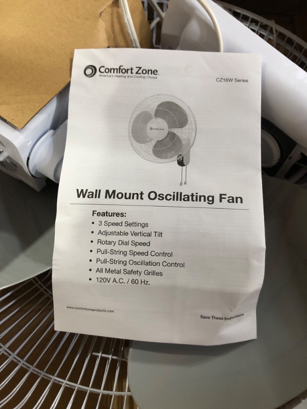 Photo 3 of **SEE NOTES**
Comfort Zone CZ16W 16” 3-Speed Oscillating Wall-Mount Fan with Adjustable Tilt, Metal Grille, 90-Degree Oscillation, White 16" Wall Fan