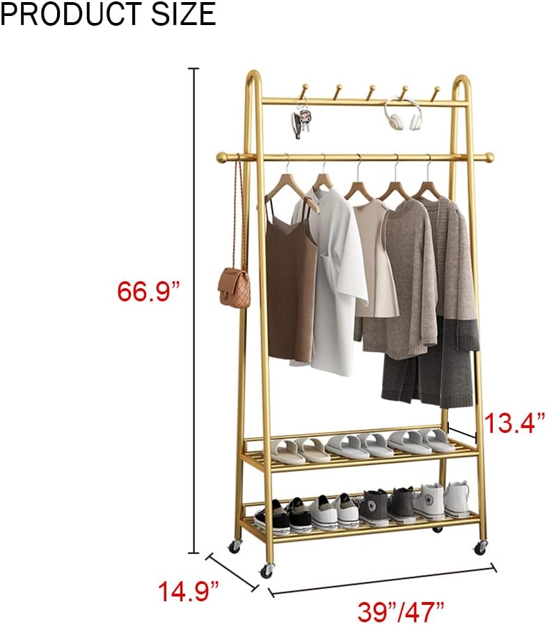 Photo 1 of **SEE NOTES**
MAIKAILUN Clothes Rack Gold, Freestanding Coat Rack Modern Rolling Garment Rack with Wheels and Bottom Shelves, Industrial Heavy-Duty Pipe (47'L)
