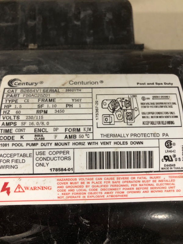 Photo 6 of ***motor is loud**does not work properly**sold for parts**
Square Flange Pool Motor Century B2854 1-1/2 HP, 3450 RPM, 8.0/16.0 Amps, 