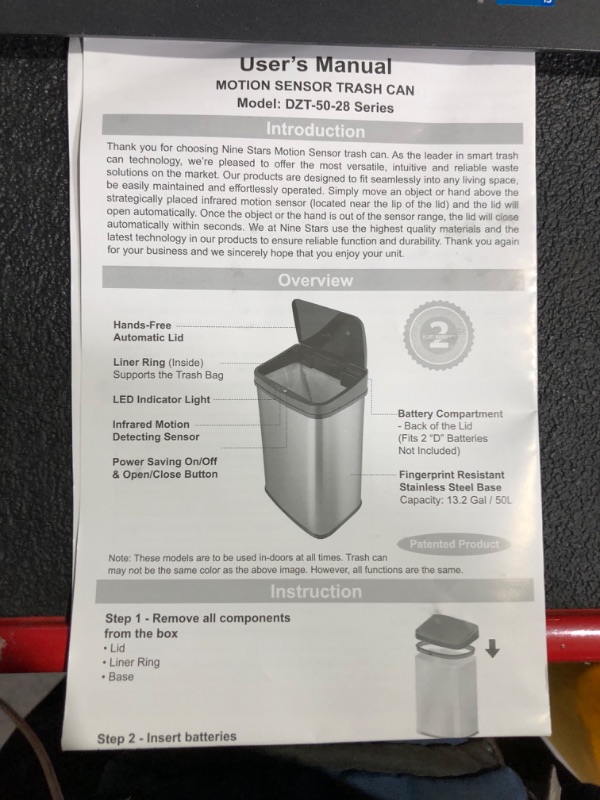 Photo 6 of ***DAMAGED - SEE NOTES***
NINESTARS DZT-50-28 Automatic Touchless Motion Sensor Rectangular Trash Can, 13 Gal