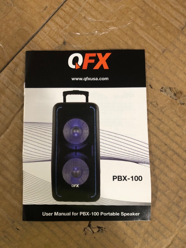 Photo 2 of stock photo only for reference**see all pictures**
QFX PBX-1210 12" Bluetooth Rechargeable Speaker with 12" Woofer and Smart App Control 1 Pack