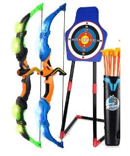 Photo 1 of  2 Pack Bow Arrow Set with LED Lights, Kid Bow and Arrow for Boys, Archery Set with Standing Target, 20 Suction Cup Arrows,