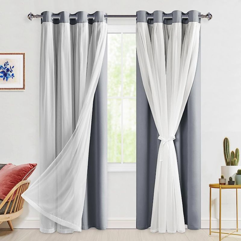 Photo 1 of Hiasan White Blackout Curtains with Sheer Overlay, Grommet Thermal Insulated Privacy Mix & Match Double Layer 2 Window Panels with Tiebacks, 52W X 84L