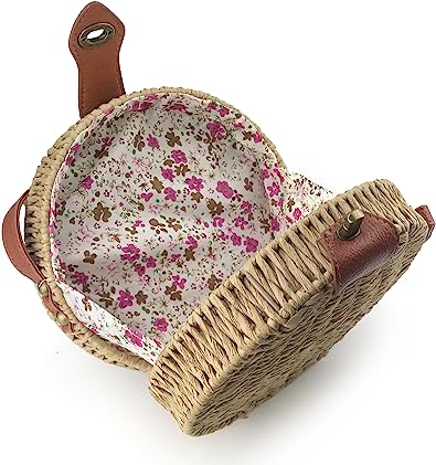 Photo 1 of Handwoven Straw Round Shoulder Bag Women Canteen Cross body Bag Natural Purse