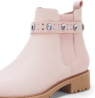 Photo 1 of Rilista Girl's Lug Sole Ankle Boots Platform Chunky Heel Round Toe Non-Slip Chelsea Booties, Size 4, Pink 