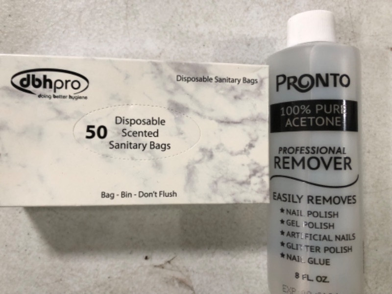 Photo 1 of dbhpro Feminine Hygiene Disposal Bags 50 Count + 8 Fl Oz. 100% Pure Acetone Remover (BUNDLED, SOLD AS IS!)