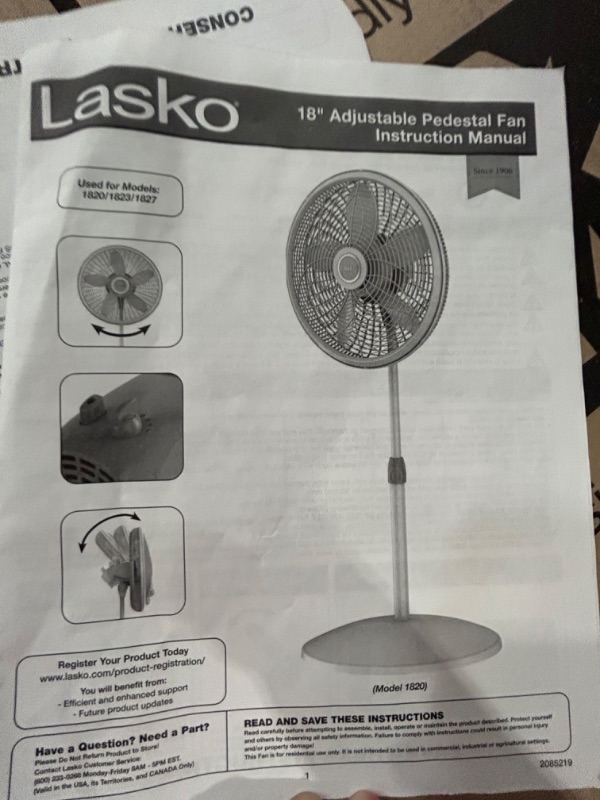 Photo 2 of **PARTS ONLY, NON-FUNCTIONAL** Lasko Elegance & Performance Pedestal Fan, 18 Inch, Black 