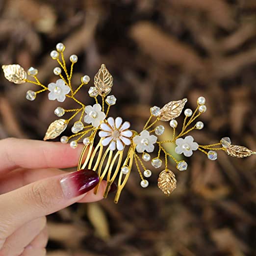 Photo 1 of Barode Pearl Wedding Hair Comb, Gold Leaf