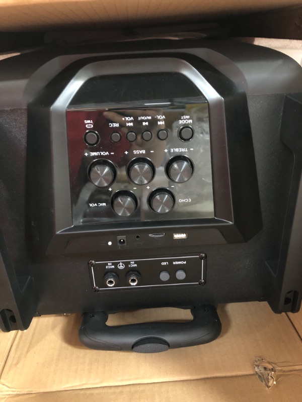 Photo 2 of Moukey Karaoke Machine, PA System Subwoofer, Portable Bluetooth Speaker w/ 2 Wireless Microphones, Lyrics Display Holder, Party Lights & Echo/Treble/Bass Adjustment, Support TWS/REC/AUX/MP3/USB/TF/FM 10" Subwoofer