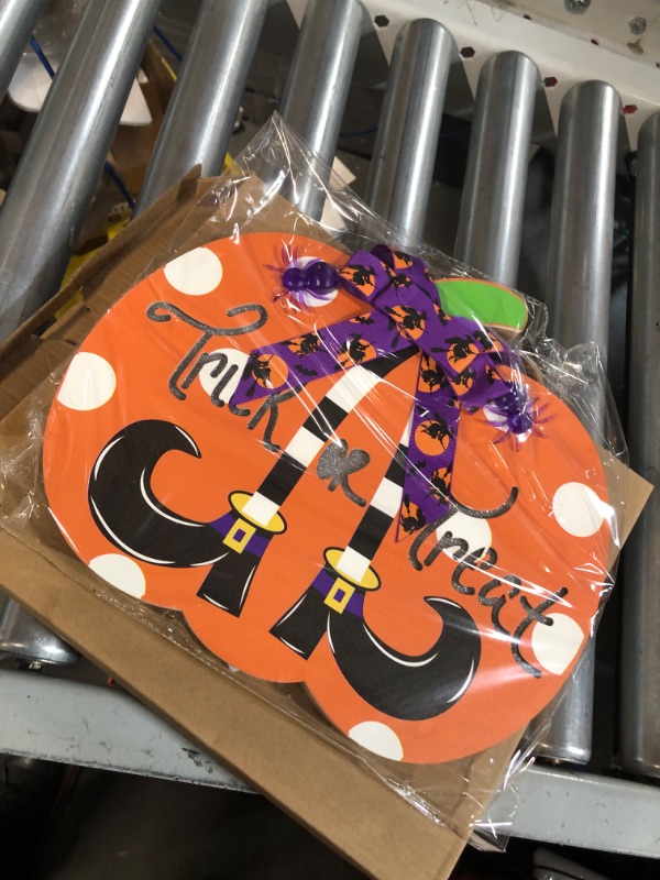 Photo 1 of [ Light Inside & Timer ] Prelit Halloween Trick Or Treat Pumpkin Halloween Wreath Sign