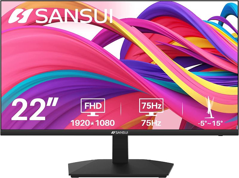 Photo 1 of SANSUI Monitor 22 inch 1080p FHD 75Hz Computer Monitor with HDMI VGA - Black