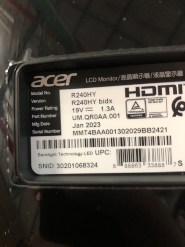 Photo 1 of Acer 23.8” Full HD 1920 x 1080 IPS Zero Frame Home Office Computer Monitor - 178° Wide View Angle - 16.7M - NTSC 72% Color Gamut - Low Blue Light - Tilt Compatible - VGA HDMI DVI R240HY bidx Monitor only 23.8-inch IPS 60Hz