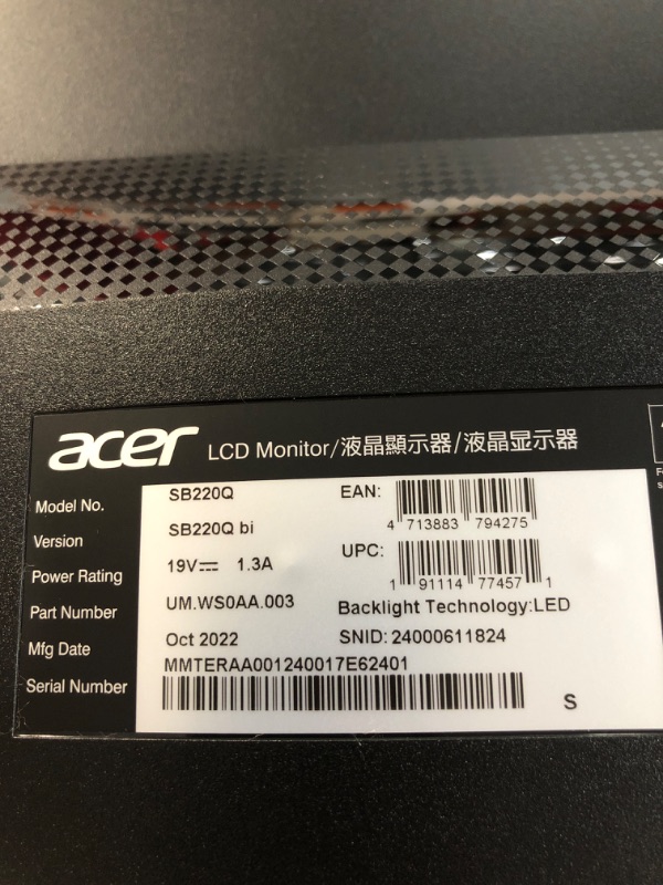 Photo 3 of Acer 21.5 Inch Full HD (1920 x 1080) IPS Ultra-Thin Zero Frame Computer Monitor (HDMI & VGA Port), SB220Q bi tested works 