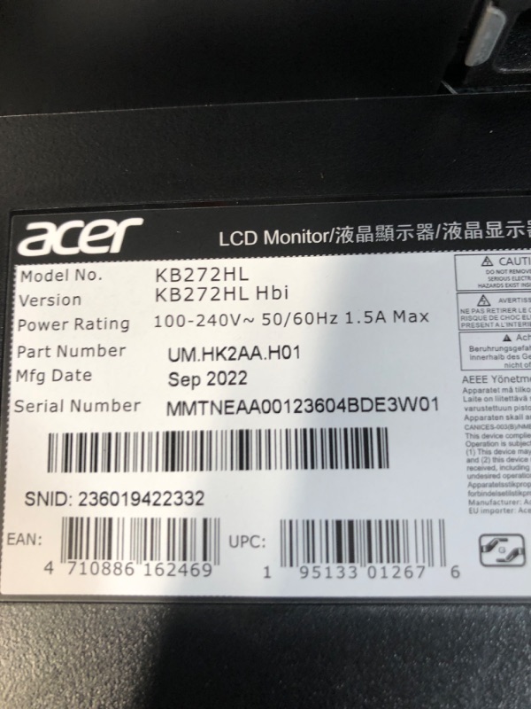 Photo 4 of acer kb272hl hbi 27? full hd (1920 x 1080) monitor with amd radeon freesync technology, 75hz, 1ms (vrb) (hdmi port 1.4 & vga po