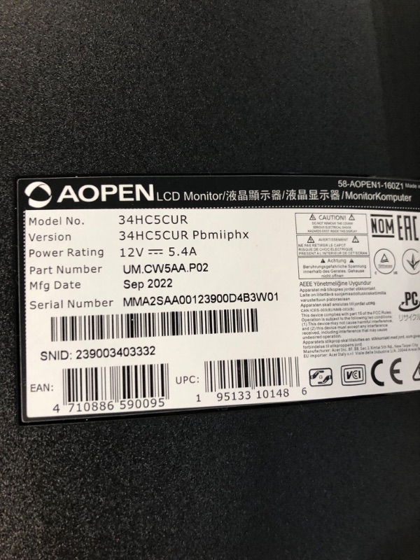 Photo 7 of AOPEN 34HC5CUR Pbmiiphx 34" 1500R Curved Zero-Frame UWQHD (3440 x 1440) VA Gaming Monitor AMD FreeSync Premium Technology Up to 144Hz 1ms 21:9 2 x HDMI 2.0 Ports & 1 x Display Port 1.4, Black 34-inch