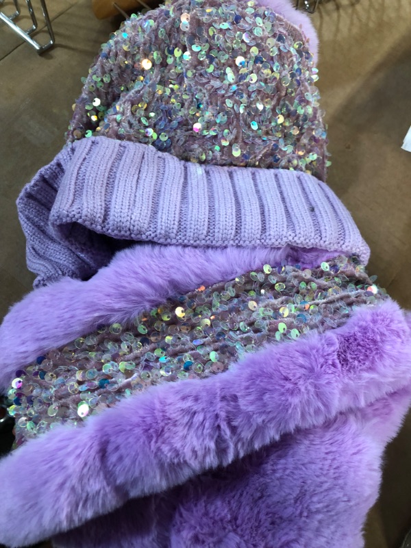 Photo 2 of Girl's Winter Knit Hat and Scarf Set Warm Faux Fur  Purple