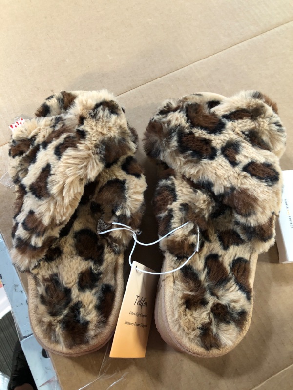 Photo 2 of eccbox Women's Fluffy Furry Fuzzy Slippers Cross Band Soft Plush  Brown Leopard (UNKNOWN SIZE)