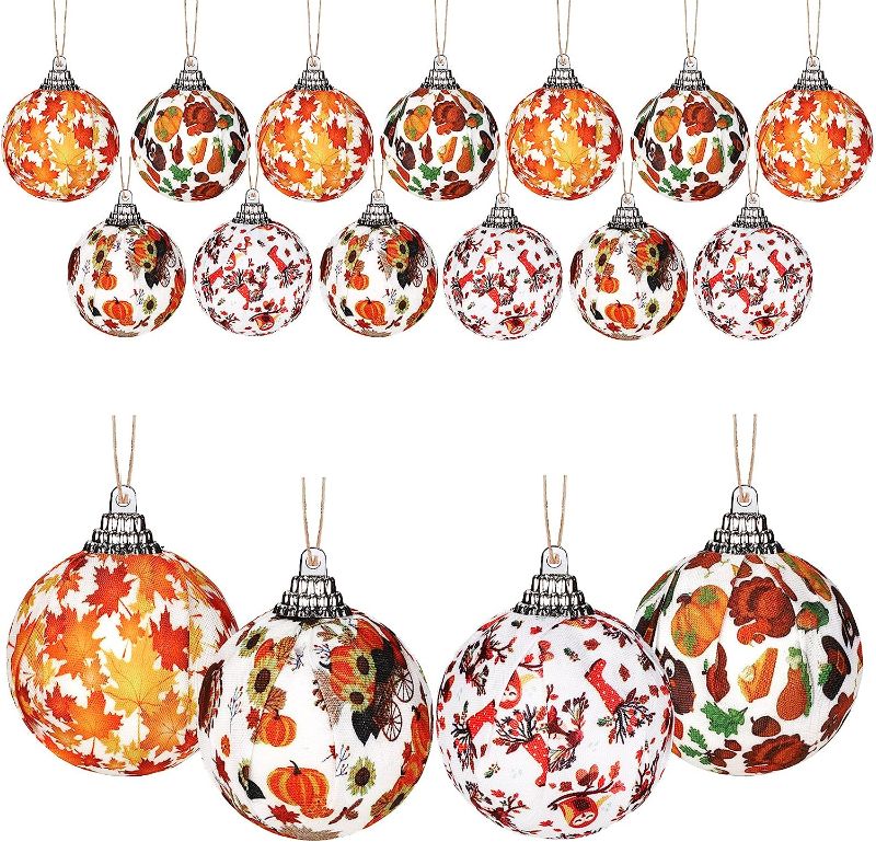 Photo 1 of  2 pk 16 Pcs Small Tree Fall Hanging Ornament Thanksgiving Ball Maple Leaf Pumpkin Fabric Wrapped Small Tree Ornaments for Thanksgiving Harvest Autumn Decoration...
