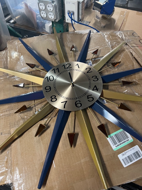 Photo 2 of hwanh Large Metal Clocks 22 Inch Sunburst Big Blue Gold Decorative Clock Modern Silent Art***READ NOTES*** Wall Clock for Living Room Bedroom Decor Aa-22in