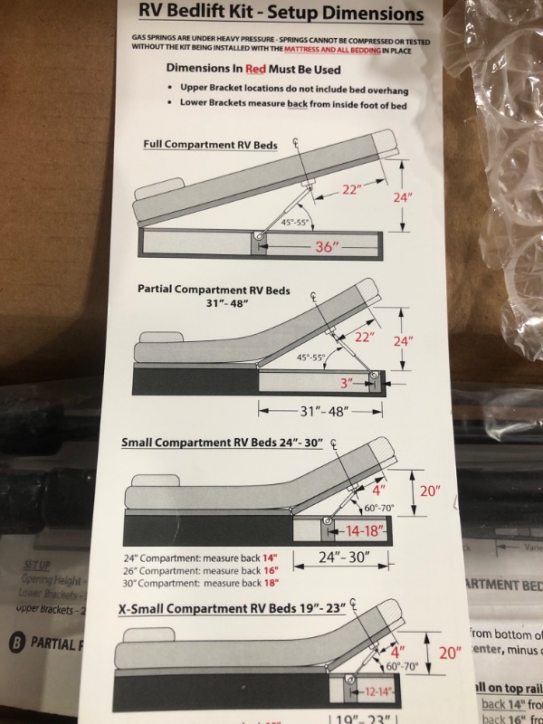 Photo 2 of RV Bedlift Kit - SMALL Standard Mattress – Compartments 24” – 30”