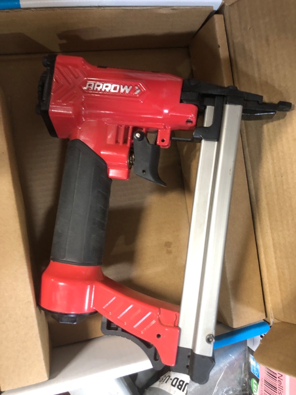 Photo 2 of ****** LIKE NEW ****Arrow PT50 Oil-Free Pneumatic Staple Gun, Professional Heavy-Duty Stapler for Wood, Upholstery, Carpet, Wire Fencing, Fits 1/4”, 5/16”, 3/8", 1/2", 9/16” Staples , Red 1 Unit