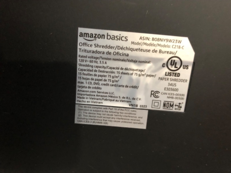 Photo 5 of *PREV USED*Amazon Basics 15-Sheet Cross Cut Paper Shredder and Credit Card CD Shredder with 6 Gallon Bin 15 Sheet 