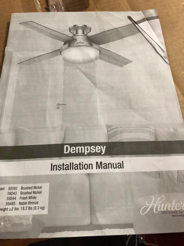 Photo 7 of (USED/ Hunter Dempsey Indoor Low Profile Ceiling Fan with LED Light and Remote Control, 44", Brushed Nickel