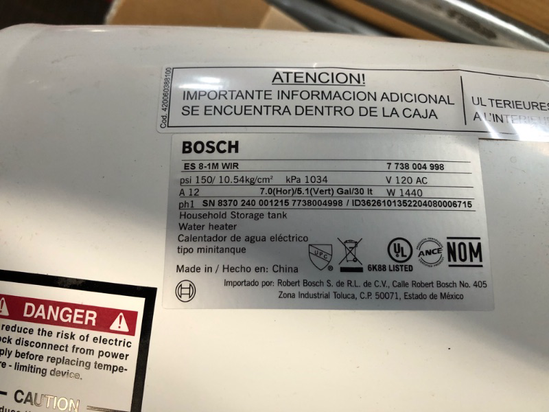 Photo 5 of ***UNTESTED - HEAVILY USED - SEE NOTES*** Bosch Electric Mini-Tank Water Heater Tronic 3000 T 7-Gallon (ES8)
