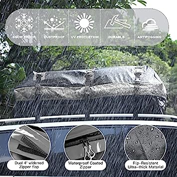 Photo 1 of Rooftop Cargo Carrier, 21 Cubic Feet Soft-Shell Waterproof Car Roof Luggage Bag for All Vehicles SUV with/Without Rails, Includes 10 Reinforced Straps + 6 Door Hooks,Storage Bag,Anti-Slip Mat B-21 CBFT-ROOF-Grey Black