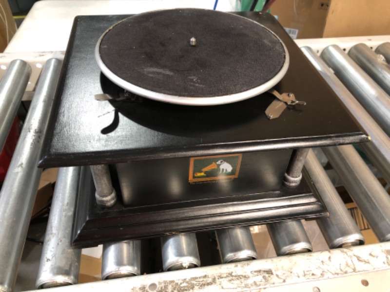 Photo 2 of **FOR PARTS ONLY
Deco 79 Mango Wood Functional Gramophone with Record, 14" x 14" x 26", Black *CHIP*