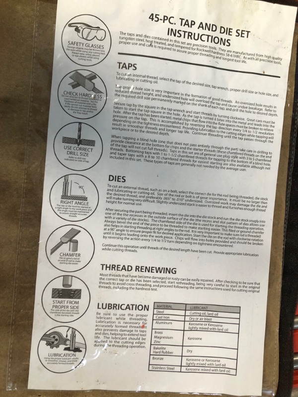 Photo 4 of -USED- 45-Piece Premium Large Size Tap and Die Set with Handle Wrench and Case Inch