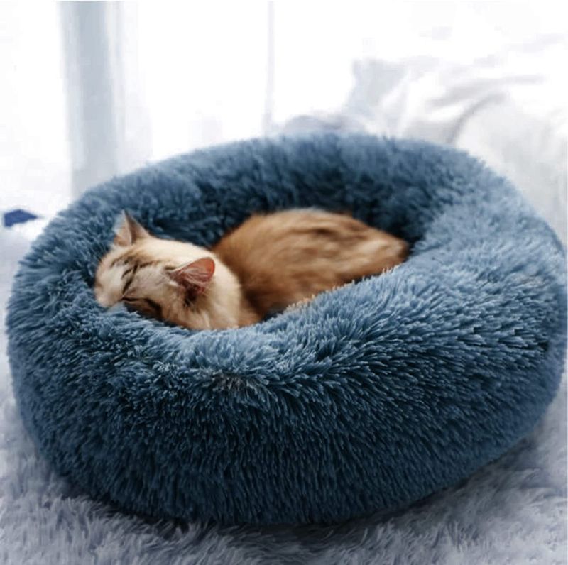 Photo 1 of *USED/SEE NOTES** Pet Bed, Anti-Anxiety Donut Cuddler Bed , Faux Fur Plush Pet Cushion with Removable Washable Cover, Blue, SMALL