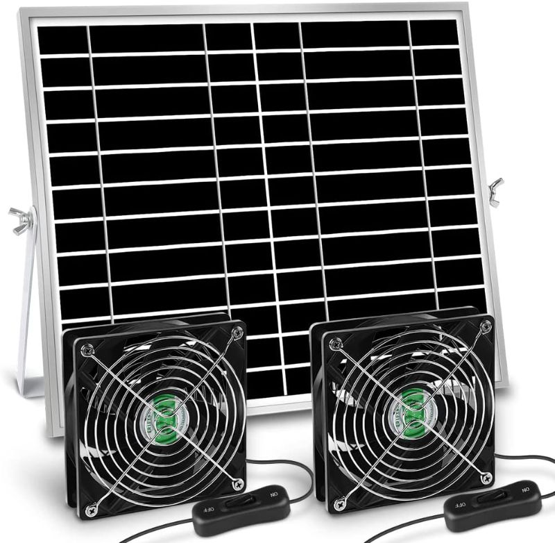 Photo 1 of 20W Solar Powered Fan, Solar Fan for Outside, Shed, Chicken Coop, Greenhouse with Two IPX7 Waterproof Fans 13Ft On/Off Switch 