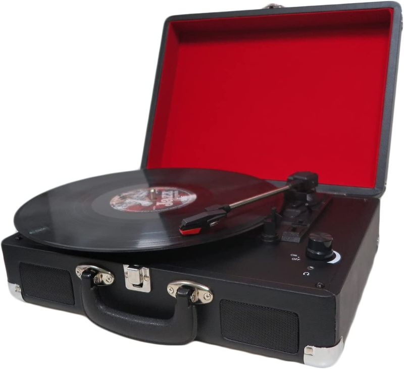 Photo 1 of Musitrend Suitcase Vinyl Record Player Turntable with Built-in Bluetooth Receiver 2 Stereo Speakers, Black/Red