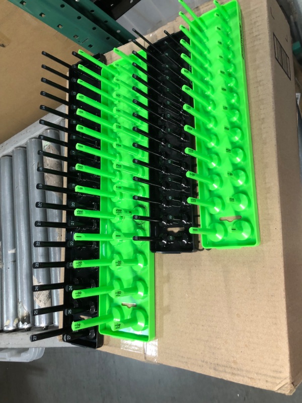 Photo 2 of **Missing 2 Trays** OEMTOOLS 22233 6 Piece SAE and Metric Socket Tray Set (Black and Green), 1/4", 3/8", and 1/2" Drive Socket Holders 