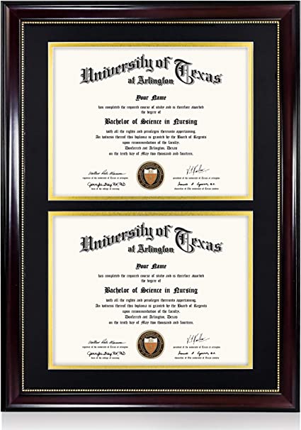 Photo 1 of *Stock Photo Similar* Double Diploma Frame 14"x20" for Two 8.5"x11" Certificates with Double Mat Black Over Gold, Mahogany Wooden Finish Gold Beads