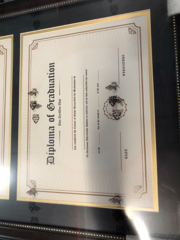 Photo 2 of *Stock Photo Similar* Double Diploma Frame 14"x20" for Two 8.5"x11" Certificates with Double Mat Black Over Gold, Mahogany Wooden Finish Gold Beads